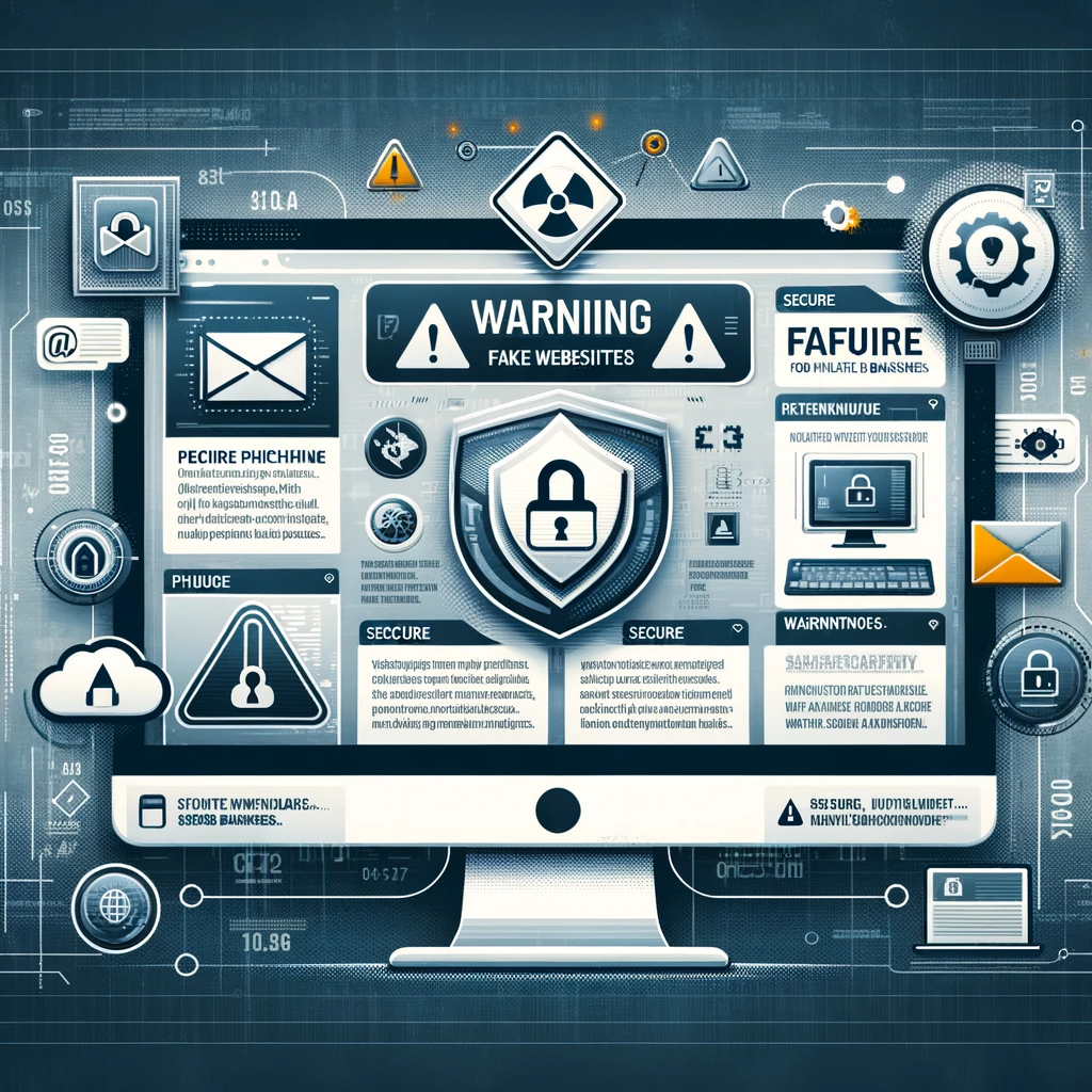 Digitální bezpečnostní plakát zobrazující počítačovou obrazovku s varováním před falešnými webovými stránkami a phishingovými e-maily. Ikonky reprezentují bezpečné a aktualizované webové prohlížeče spolu s varovnými symboly pro malware a podvody. Pozadí obsahuje digitální prvky a bledé vodoznak symbolu zámku, zdůrazňující kybernetickou bezpečnost. Design je moderní a elegantní s barevným schématem modré, šedé a bílé, které vyjadřuje důvěru a profesionalitu.