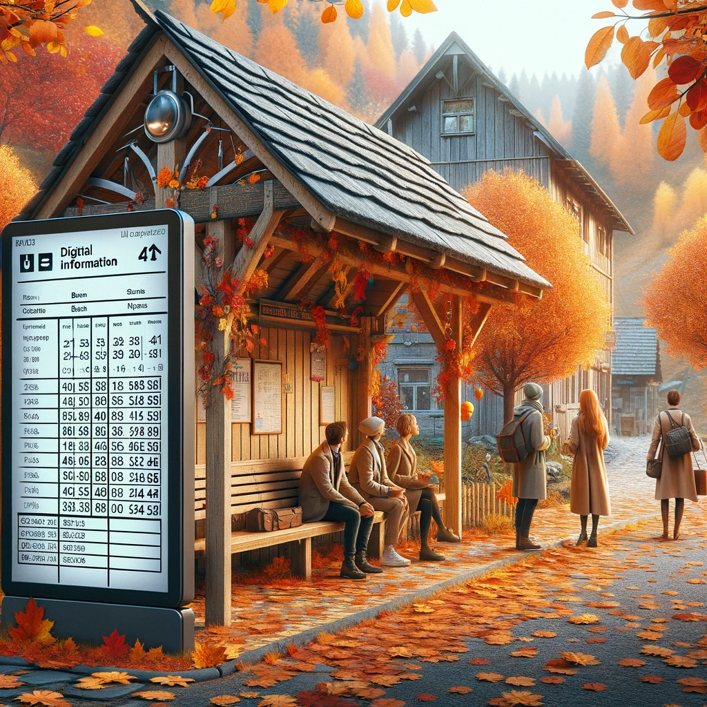 Obrázek zobrazuje venkovskou autobusovou zastávku v malé vesnici během podzimu. Digitální informační panel je jednoduchý a přehledný, zobrazující jízdní řády na pozadí podzimních barev. Oranžové, červené a žluté listí je rozprostřeno po zemi kolem dřevěného přístřešku s prvkami z kovaného železa. Vesničané v lehkých bundách se shromažďují, někteří drží v rukou listí nebo šálky s teplým nápojem, a užívají si společnou atmosféru chladného podzimního dne.