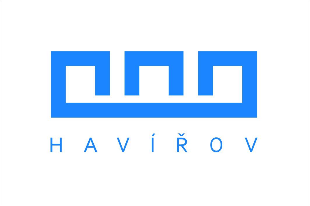 Město Havířov, s abstraktním znázorněním čtyř modrých obdélníků různých velikostí nad modrým pruhem, na kterém je napsáno "HAVÍŘOV" v modrých písmenech s diakritikou nad písmenem "R"